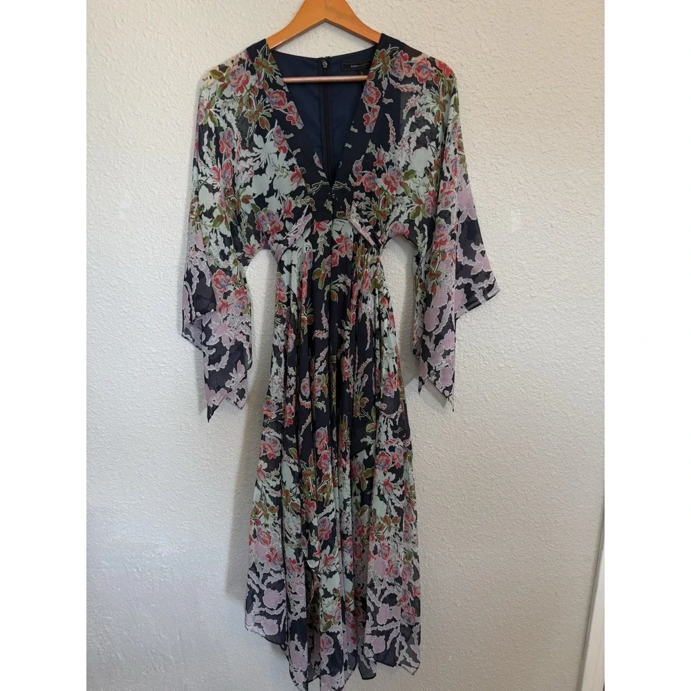 BCBGMAXAZRIA Navy Floral Silk Maxi Dress XXS Spring Wedding Guest Graduation